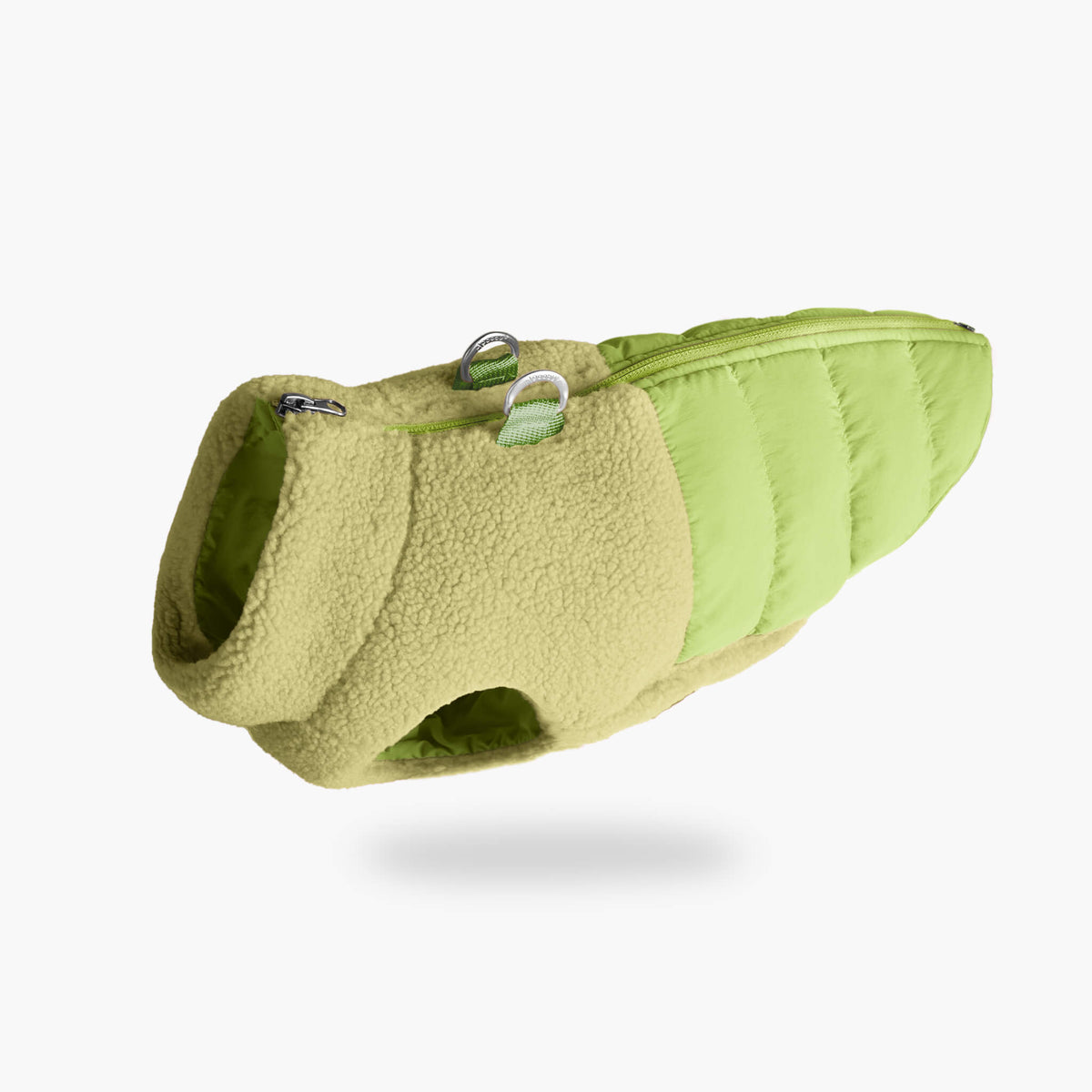 Angled view of an avocado sherpa puffer vest for dogs