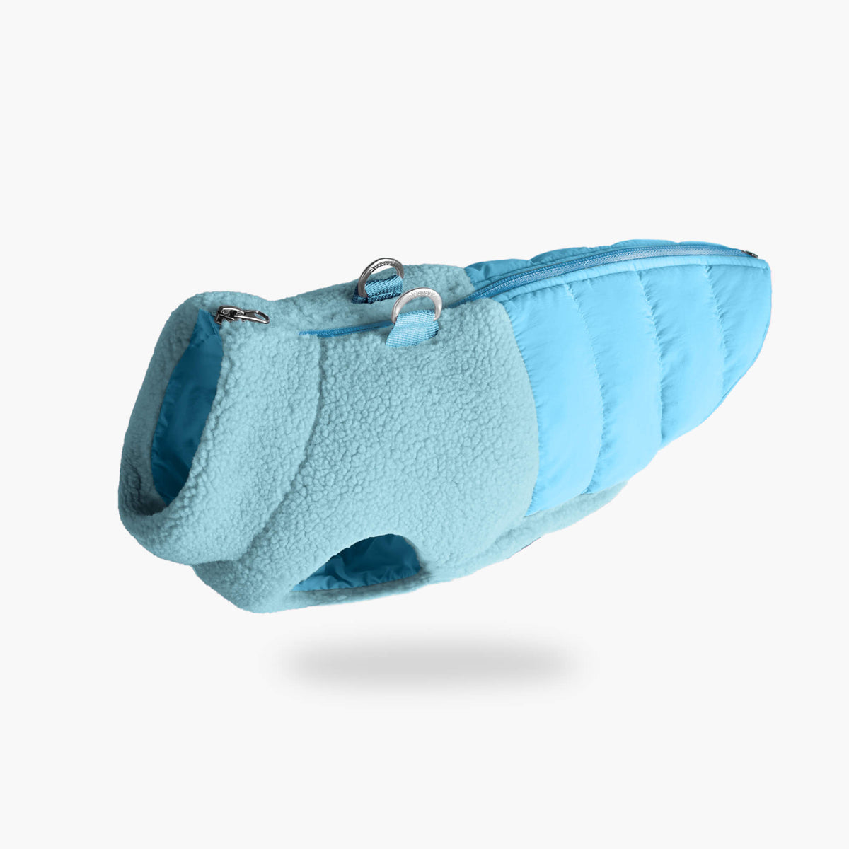 Baby blue sherpa puffer vest shown from an angled view