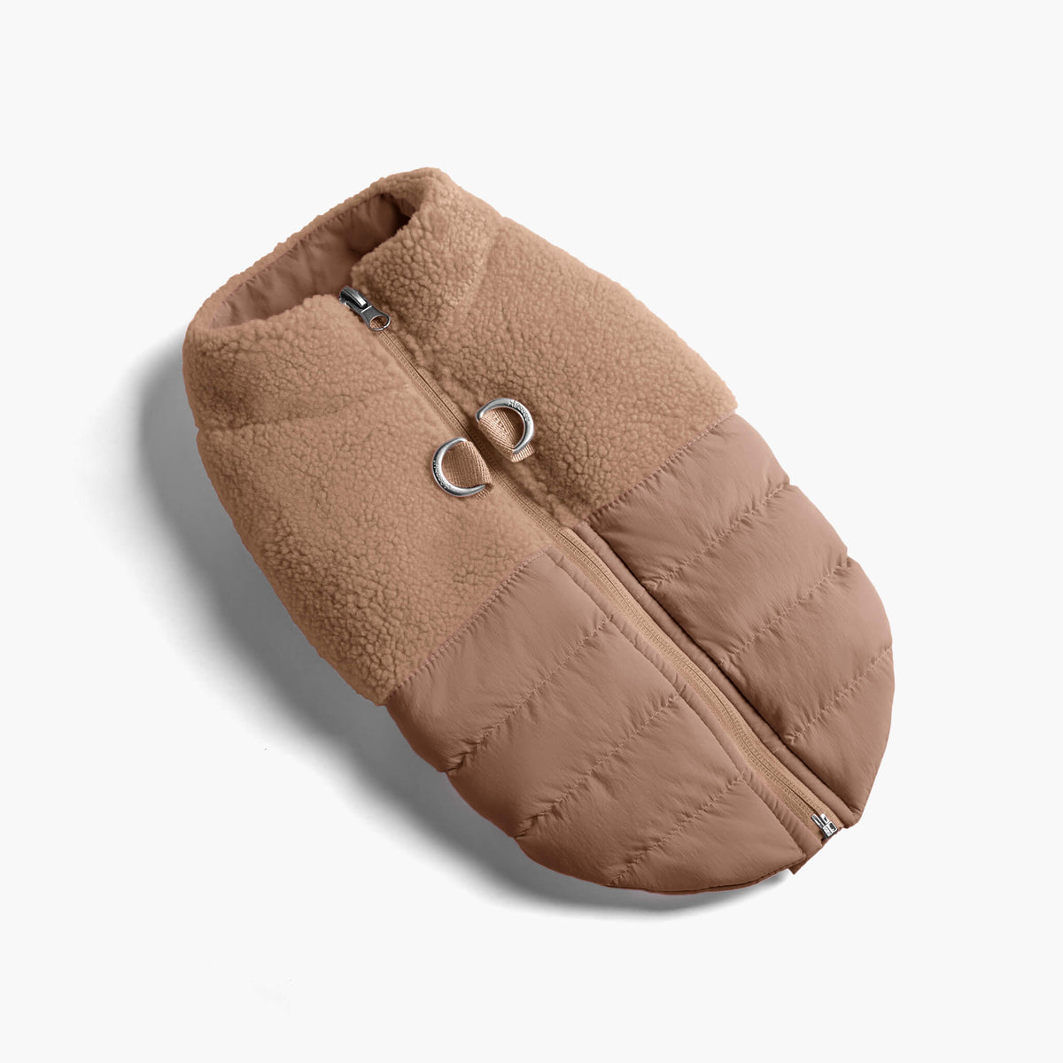 Mocha sherpa puffer vest for dogs laid flat, with a front zipper and plush sherpa upper panel