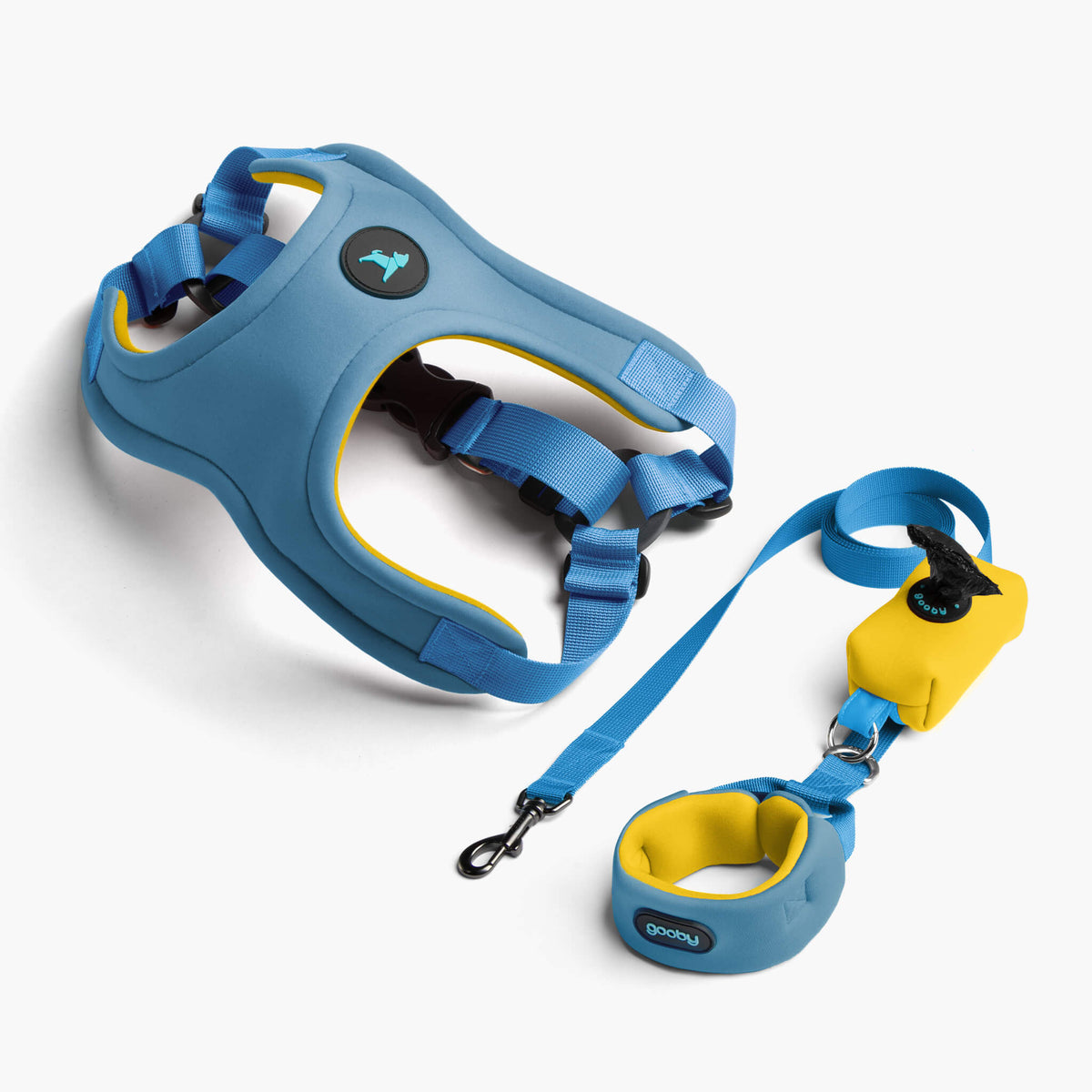 Sky blue Escape Free Sport harness matching set with leash and waste-bag holder