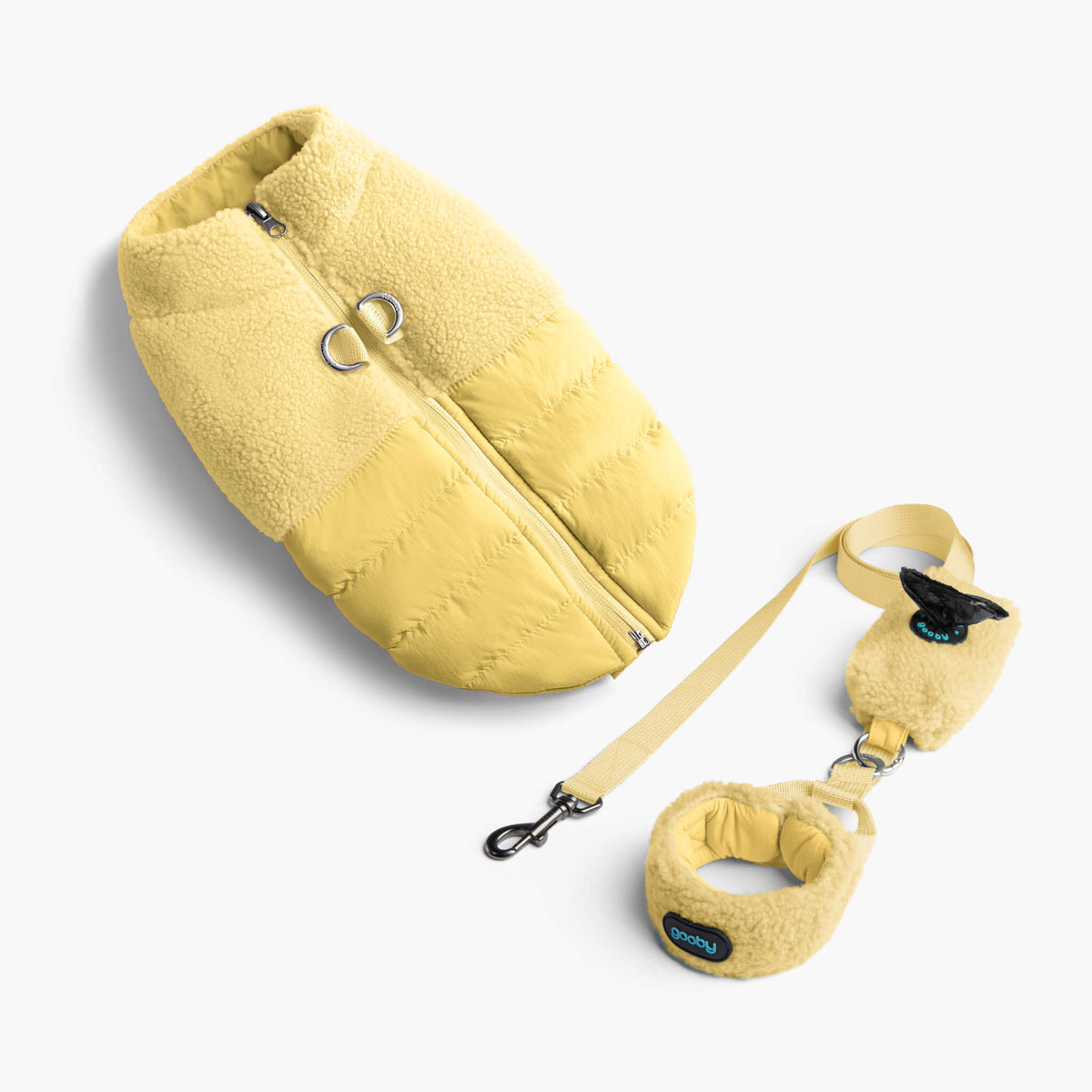 Butter Yellow sherpa puffer vest matching set with leash and collar