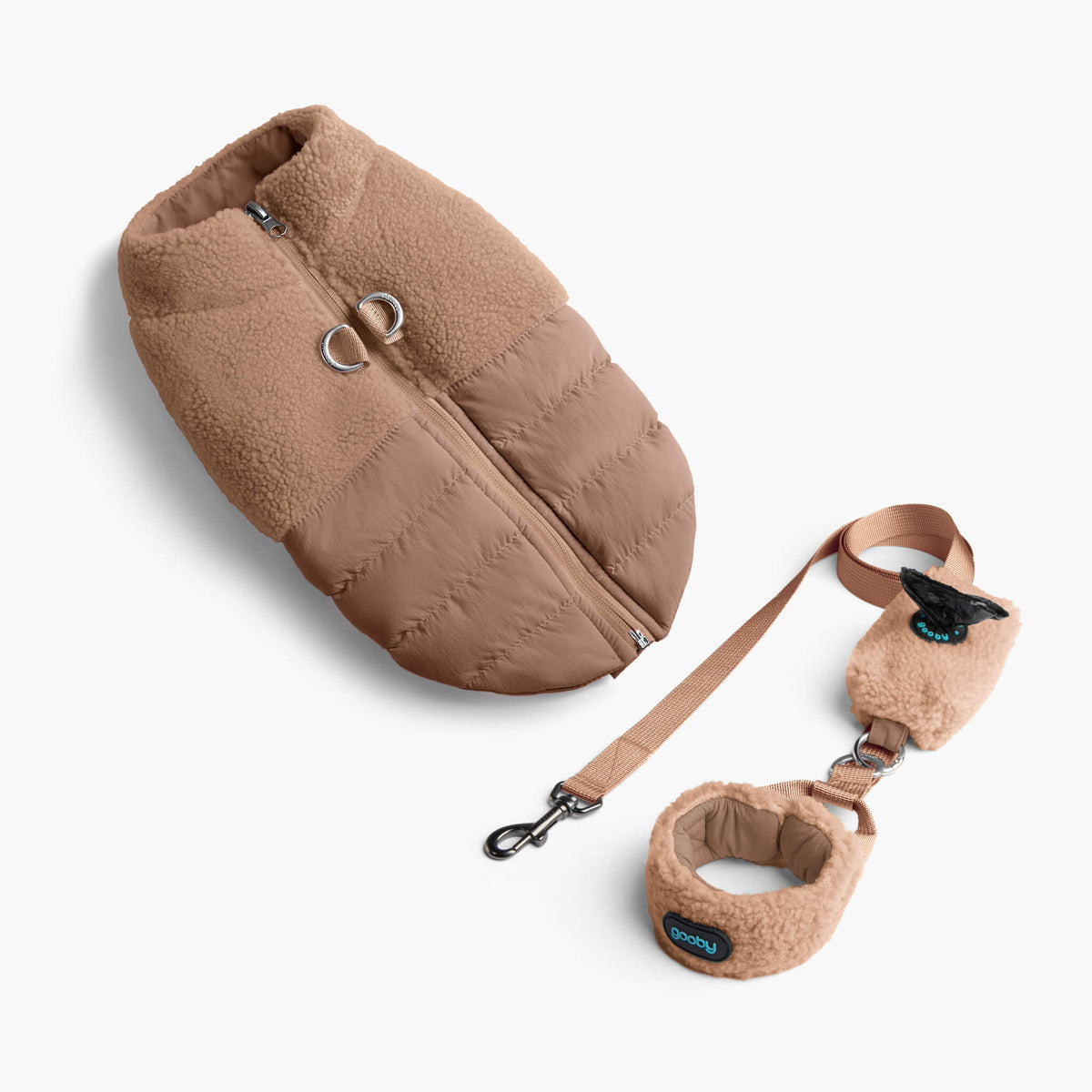 Mocha sherpa puffer vest matching set with leash and collar