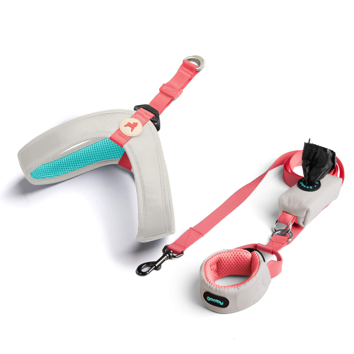 Solid cream step-in harness matching set with leash and collar, shown on a white background