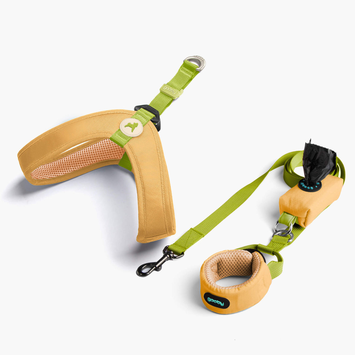 Solid yellow step-in harness and matching leash set with bright green straps