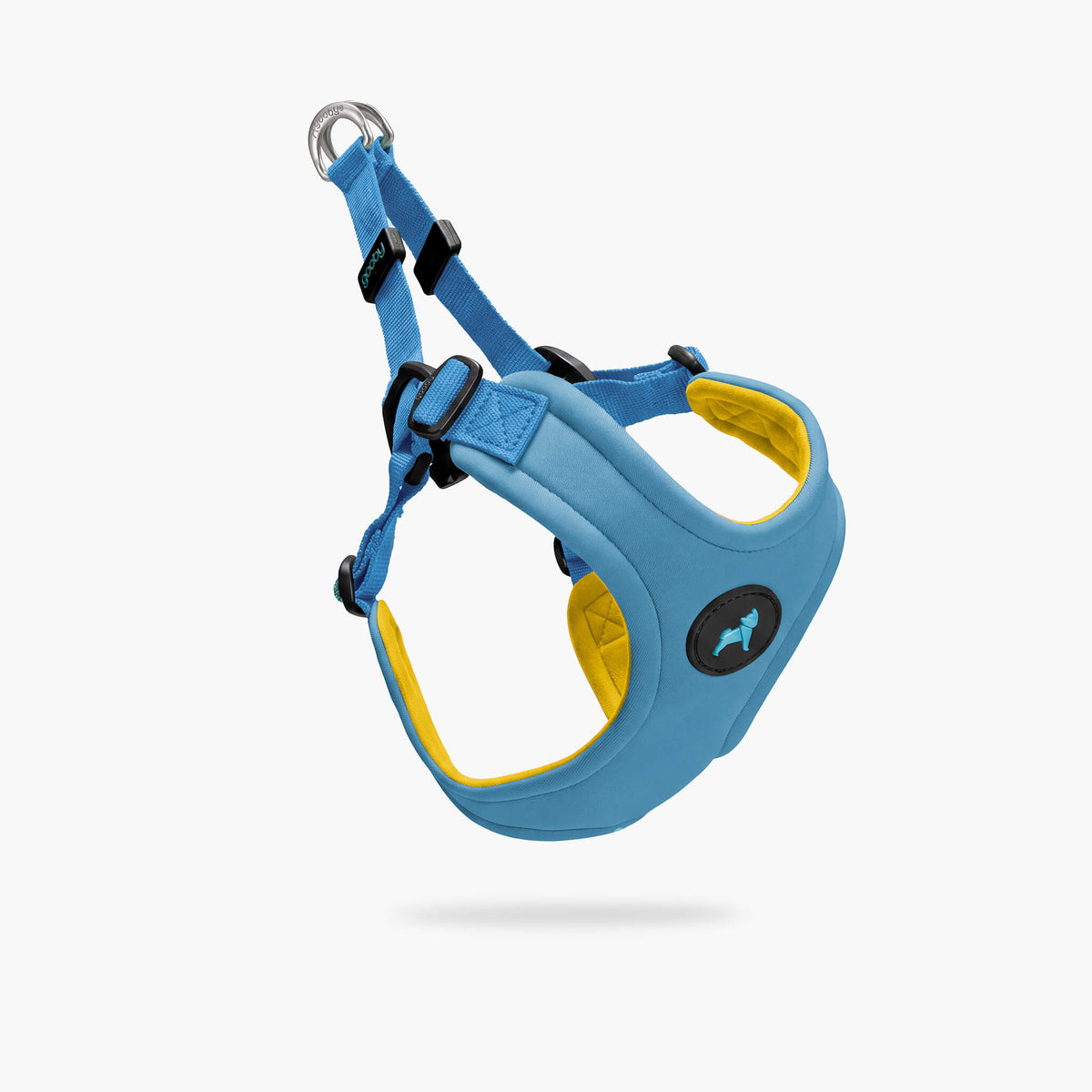 Sky blue padded dog harness shown at an angle