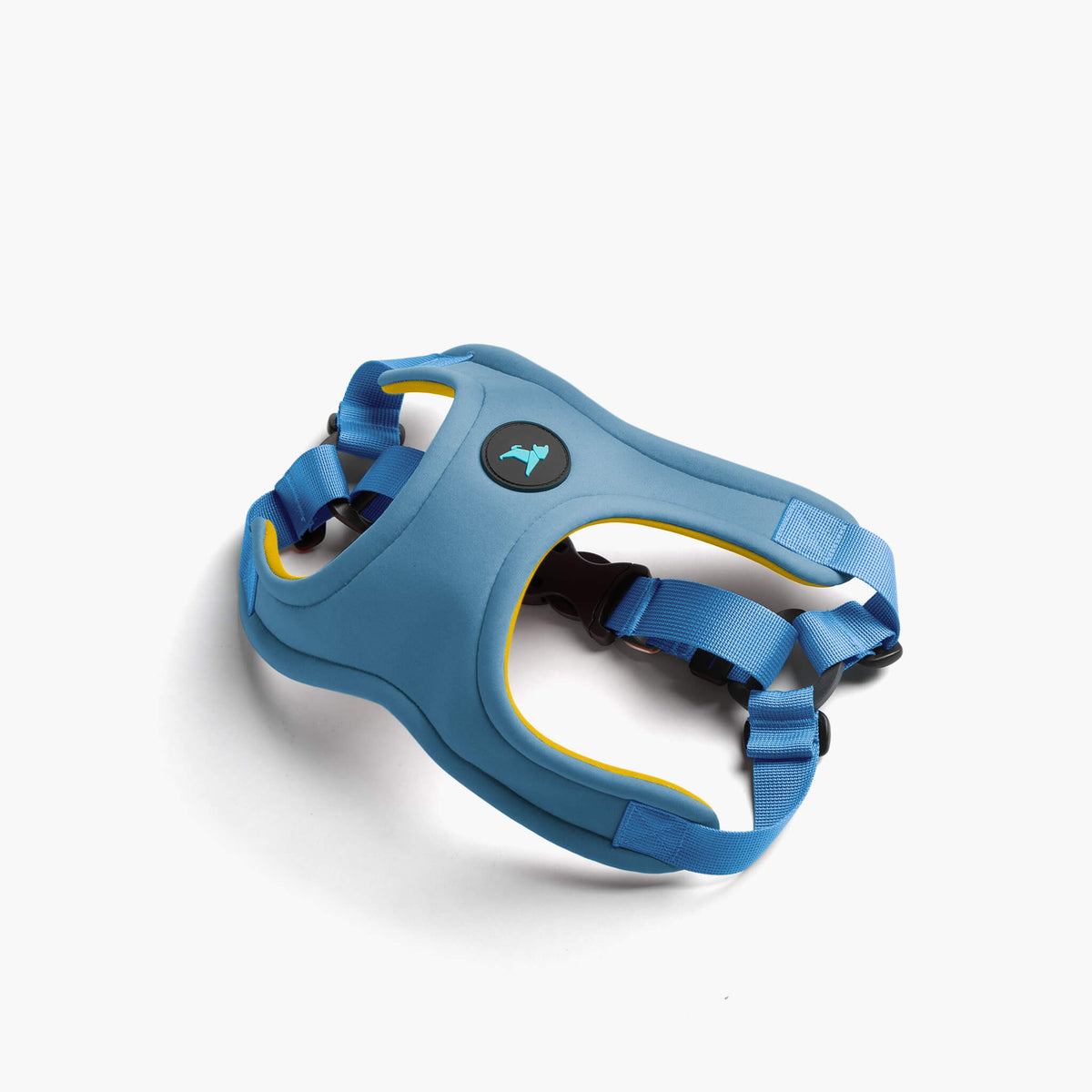 Sky blue Escape Free Sport harness with blue straps and yellow trim, shown at an angle