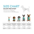 Escape Free Sport harness size chart showing dog size examples, chest measurements, and approximate weights.