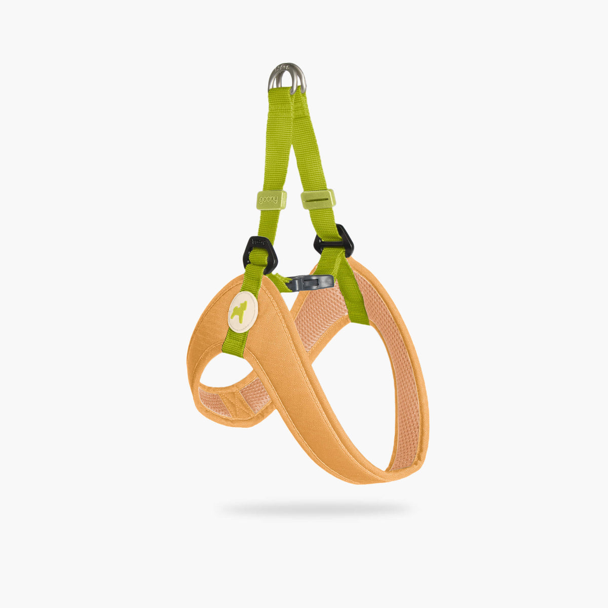 Angled view of a yellow and orange step-in dog harness with matching leash straps