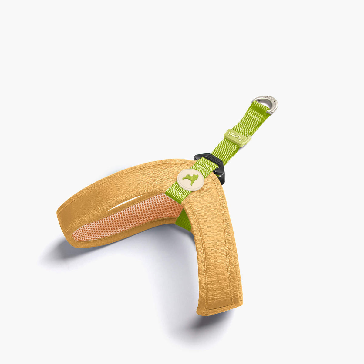 Solid yellow step-in dog harness with contrasting lime-green straps on a white background