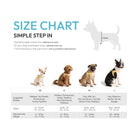Simple Step In harness size chart showing chest measurements, suggested breeds, and approximate weight for XS to L