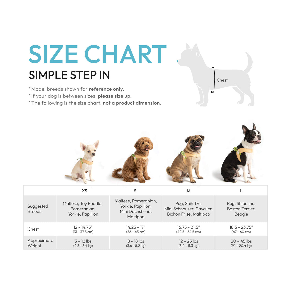 Simple Step In harness size chart showing chest measurements, suggested breeds, and approximate weight for XS to L