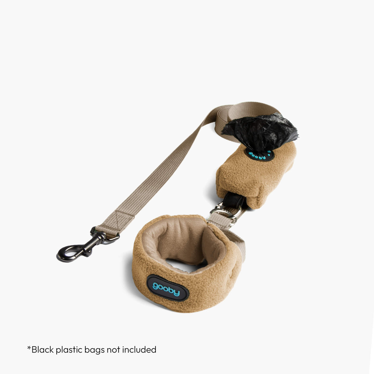 Beige fleece vest with matching leash and waste bag holder; black plastic bags not included.