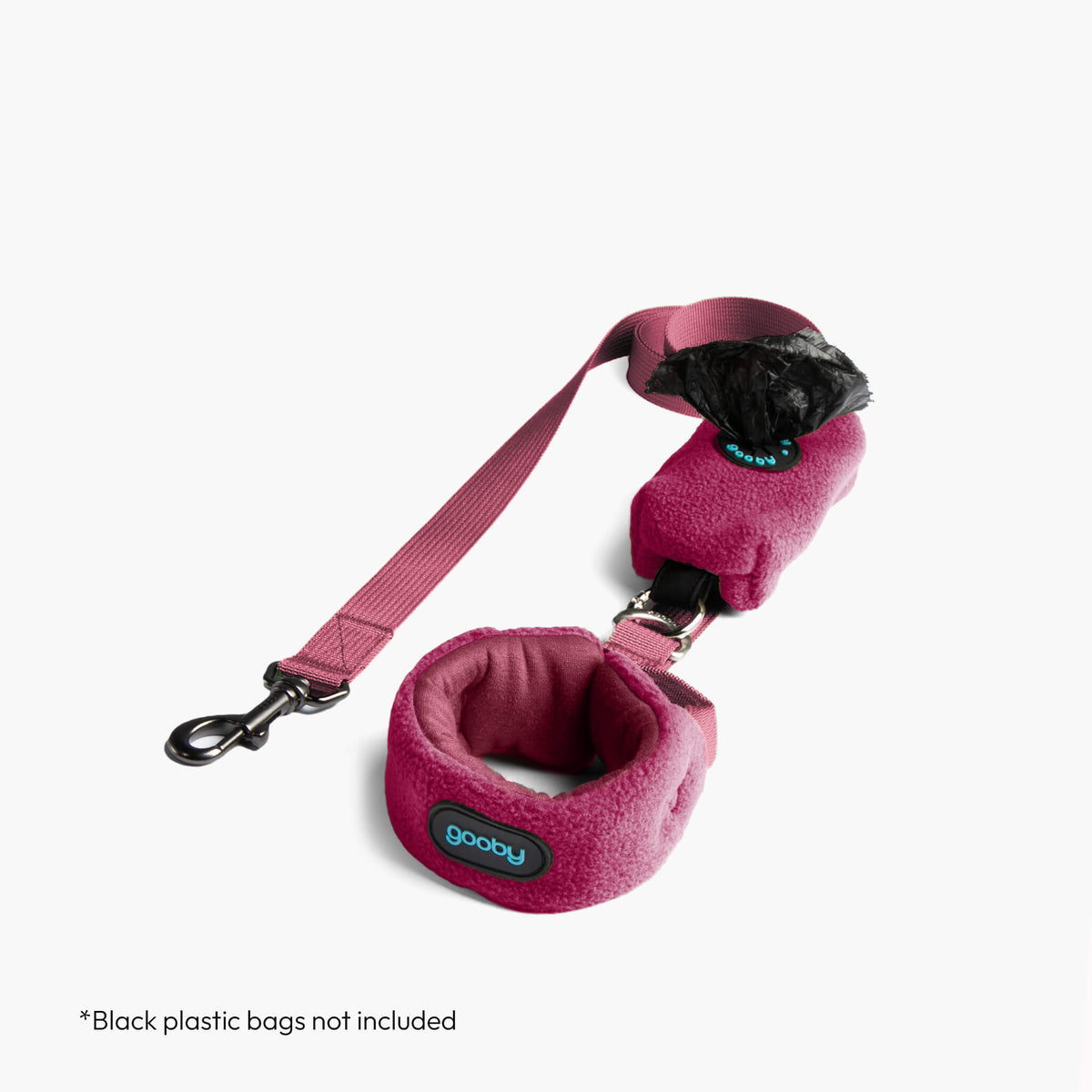 Magenta fleece vest with matching leash; black plastic bags not included