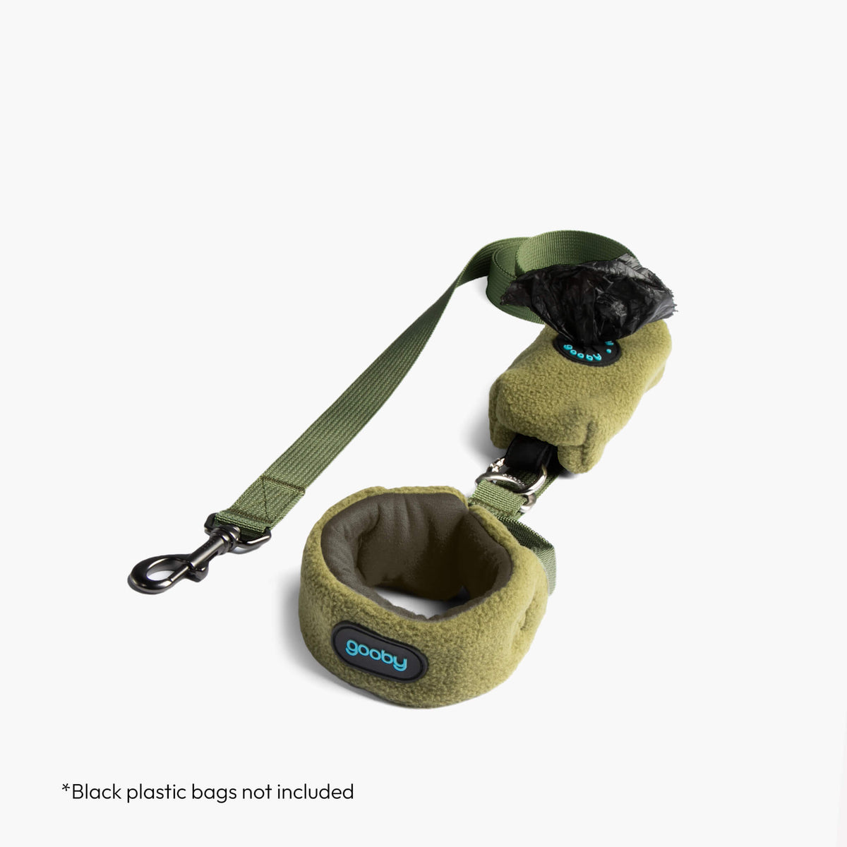 Olive zip-up fleece vest matching leash set on a white background; black plastic bags not included.