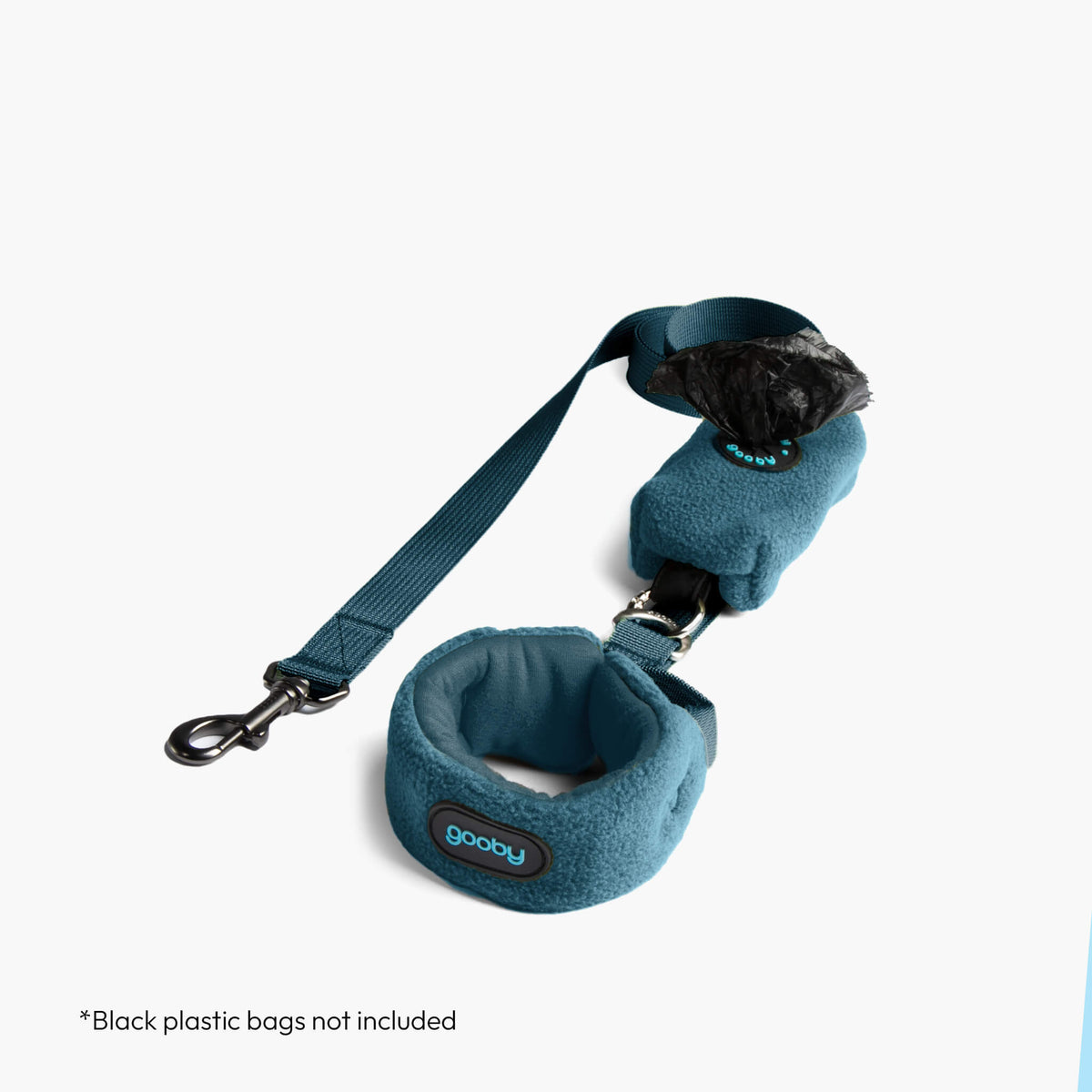 Blue zip-up fleece vest with matching leash; black plastic bags not included
