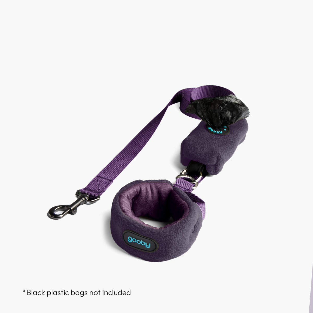 Purple zip-up fleece vest with matching leash; black plastic bags not included