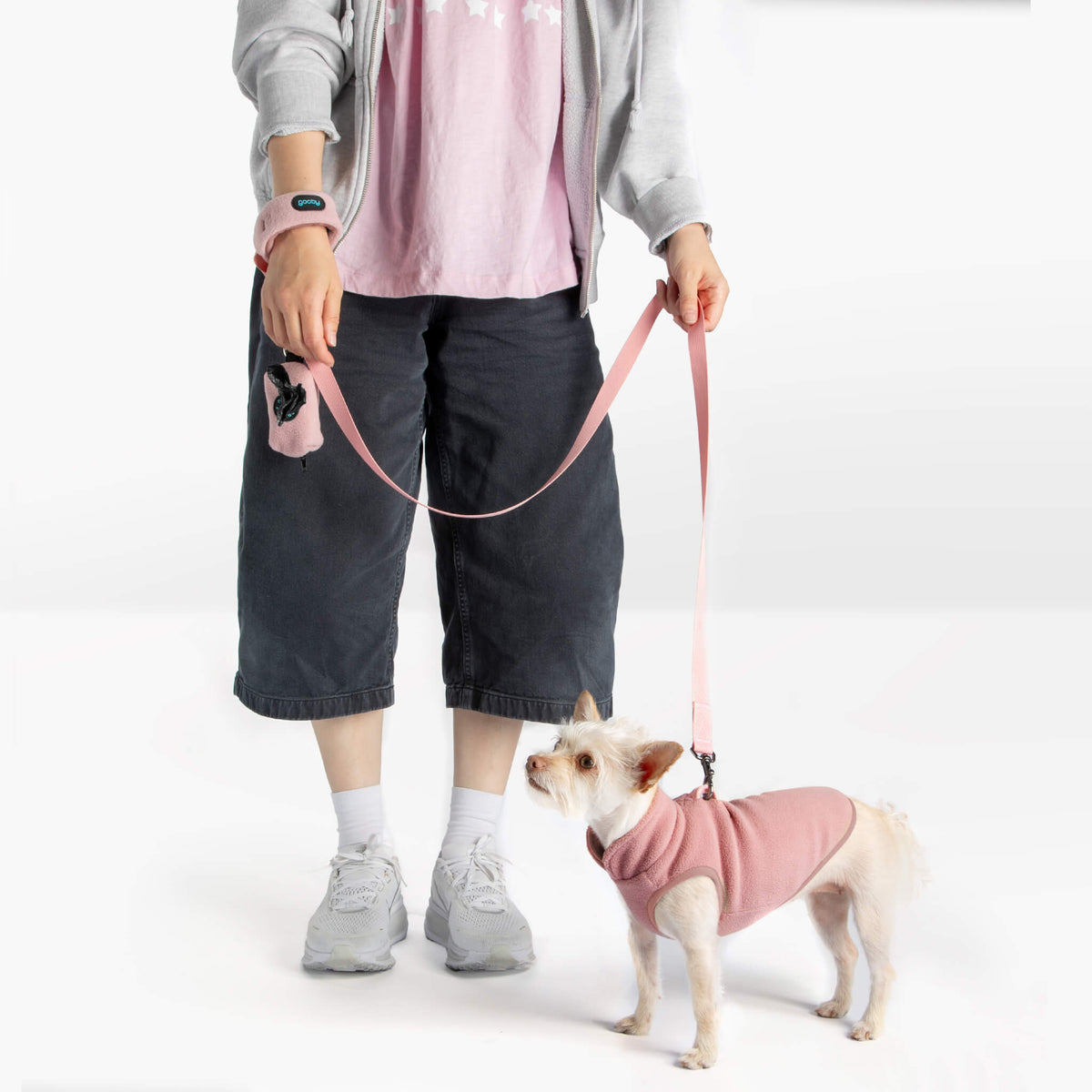 Small dog wearing a pink fleece vest with a matching leash beside a person