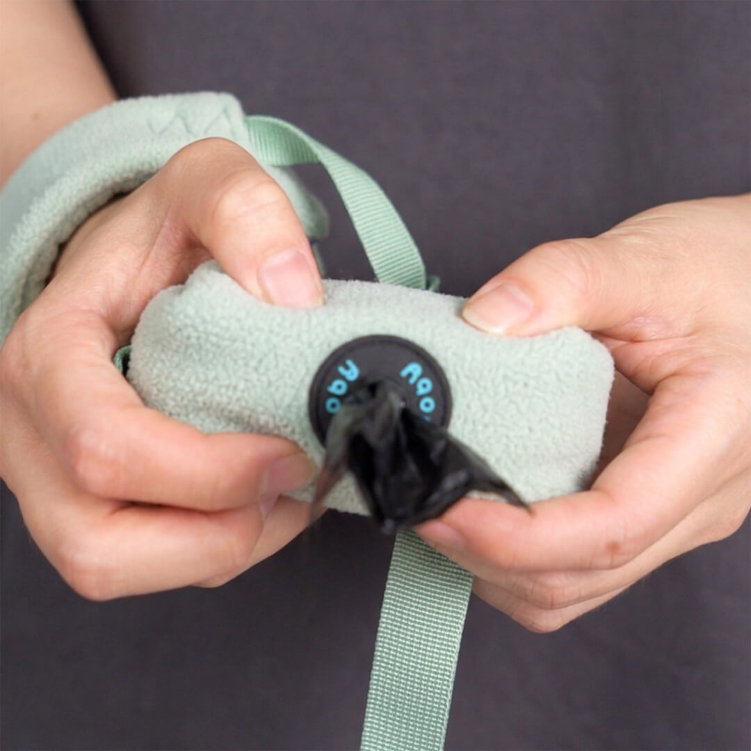 Close-up of hands fastening a mint green leash strap with a black buckle