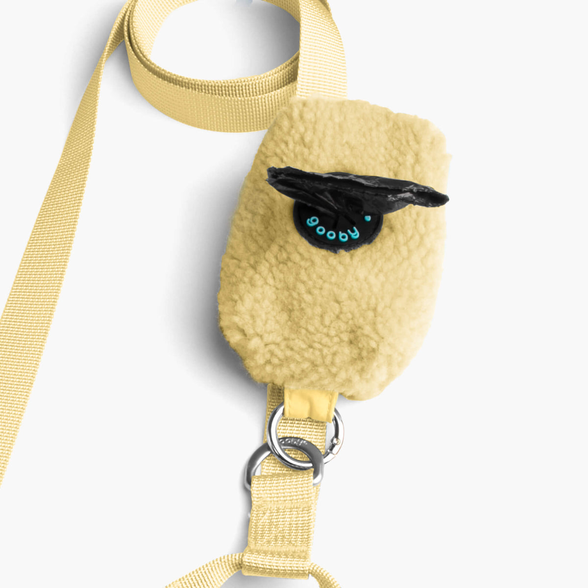 Close-up of the Butter Yellow sherpa matching leash with a soft sherpa accessory pouch and metal clips