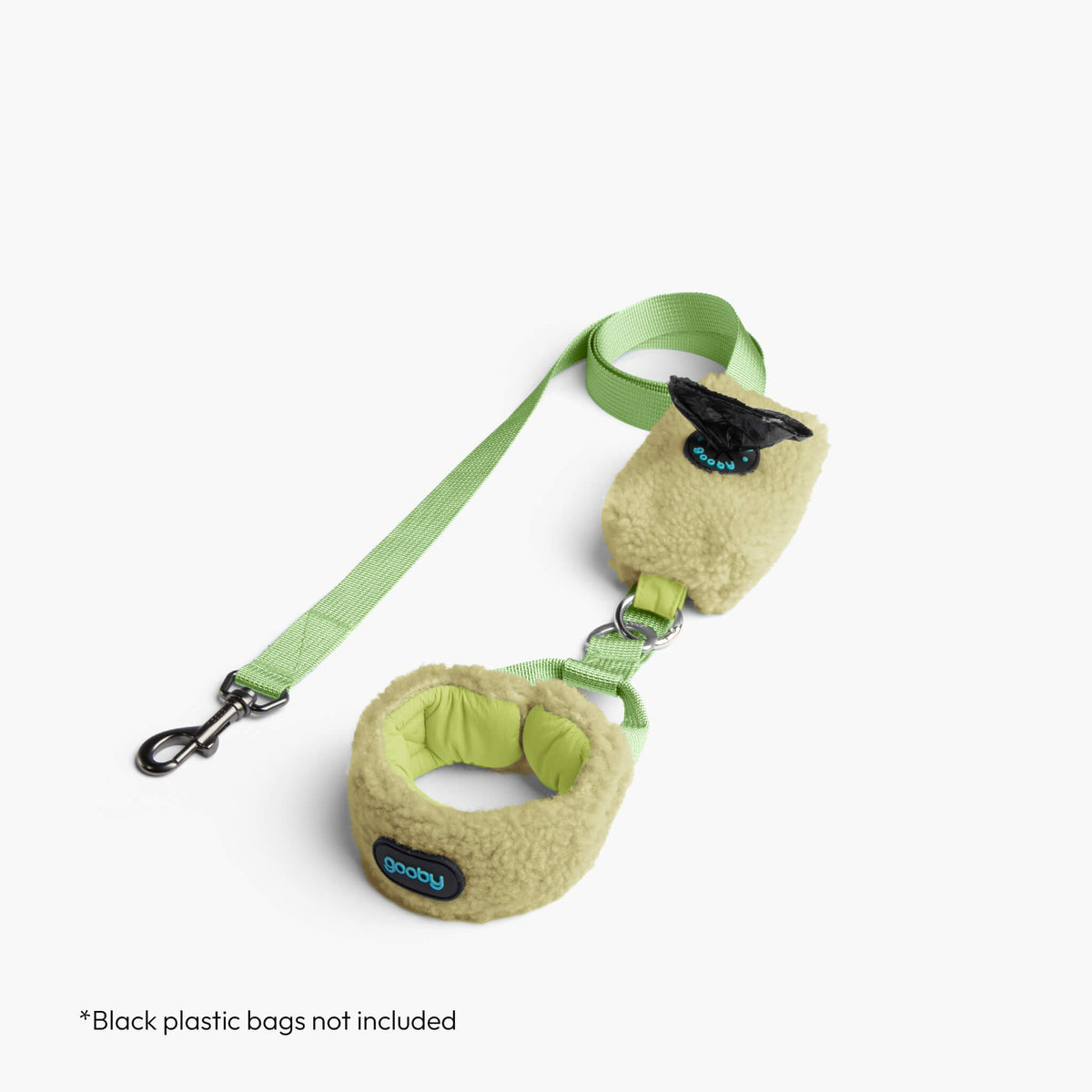 Avocado sherpa puffer vest with matching leash on a white background
