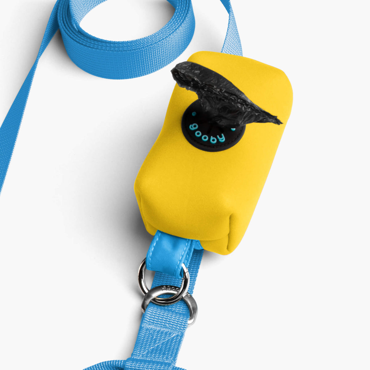 Close-up of a sky blue leash with a yellow accessory pouch and metal attachment rings