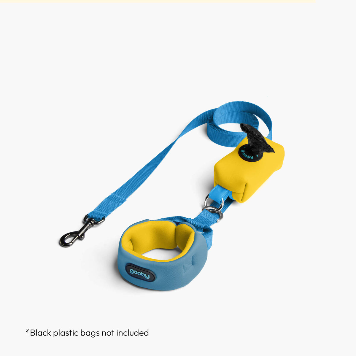 Sky blue Escape Free Sport harness with matching leash and yellow accents