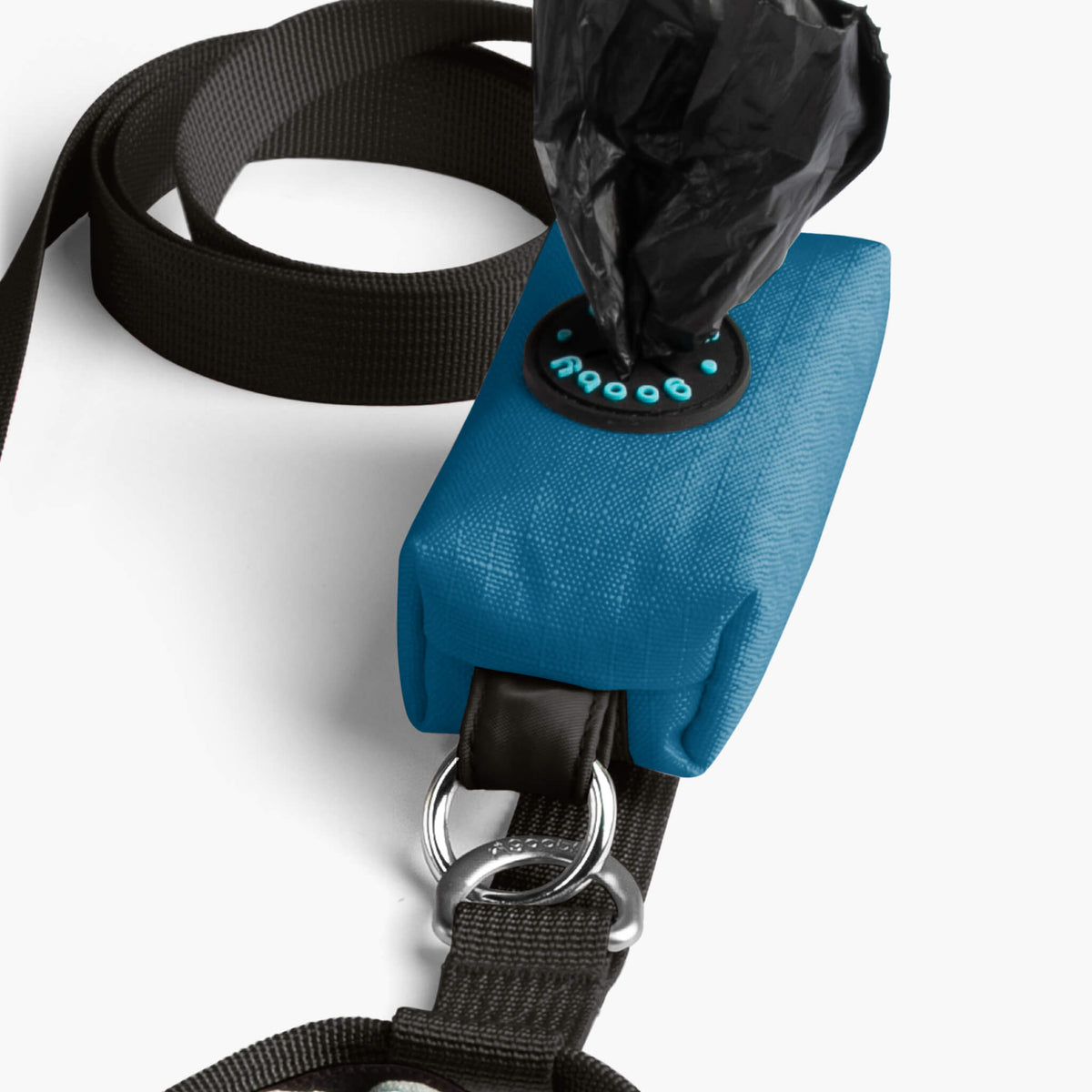 Close-up of the Solid Blue matching leash attachment and adjustable strap