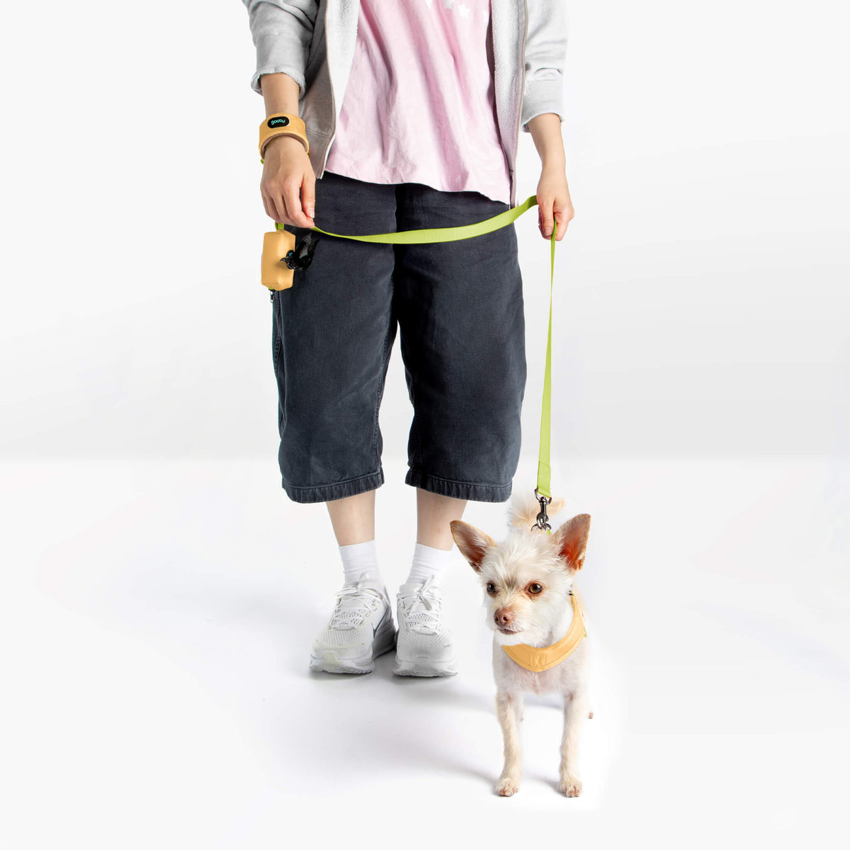 Small dog wearing a yellow step-in harness and matching leash beside a person