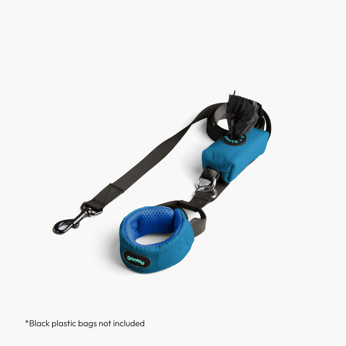 Solid blue step-in harness with matching leash and wrist strap; black plastic bags not included.