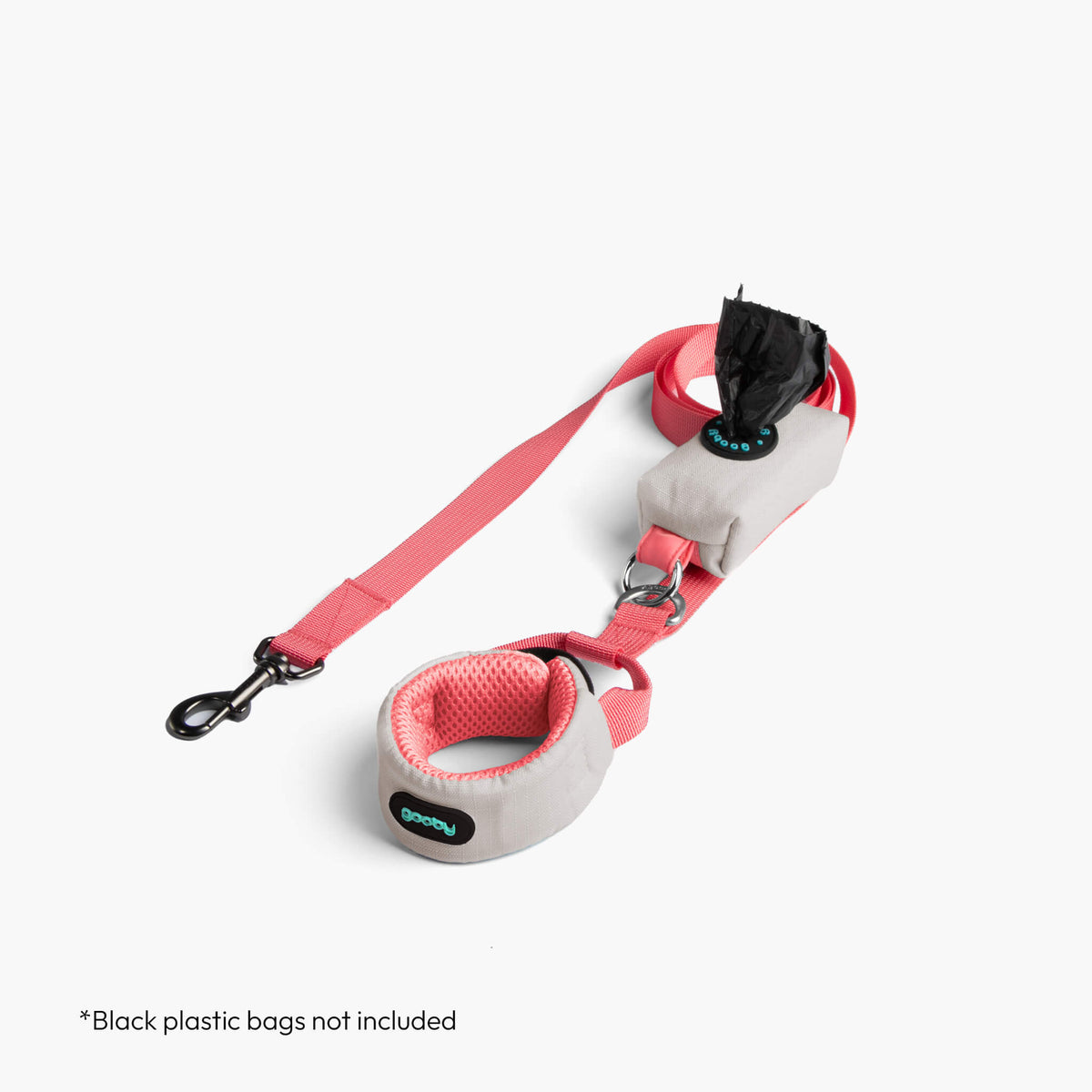 Solid cream step-in harness with matching leash; black plastic bags not included