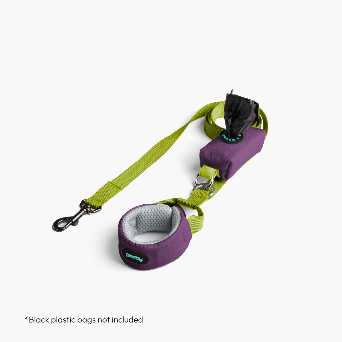 Solid purple step-in harness with matching leash; black plastic bags not included.