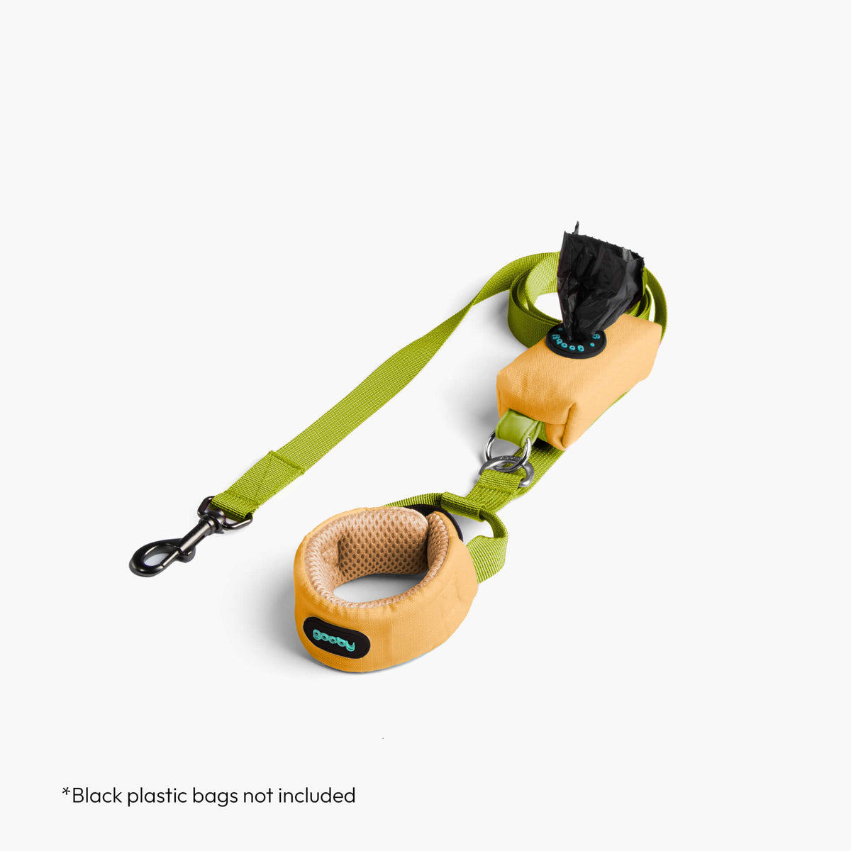 Solid yellow step-in harness and matching leash set; black plastic bags not included.