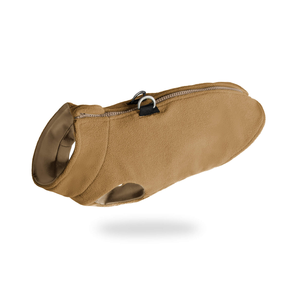 Beige zip-up fleece vest for dogs, shown from an angled side view
