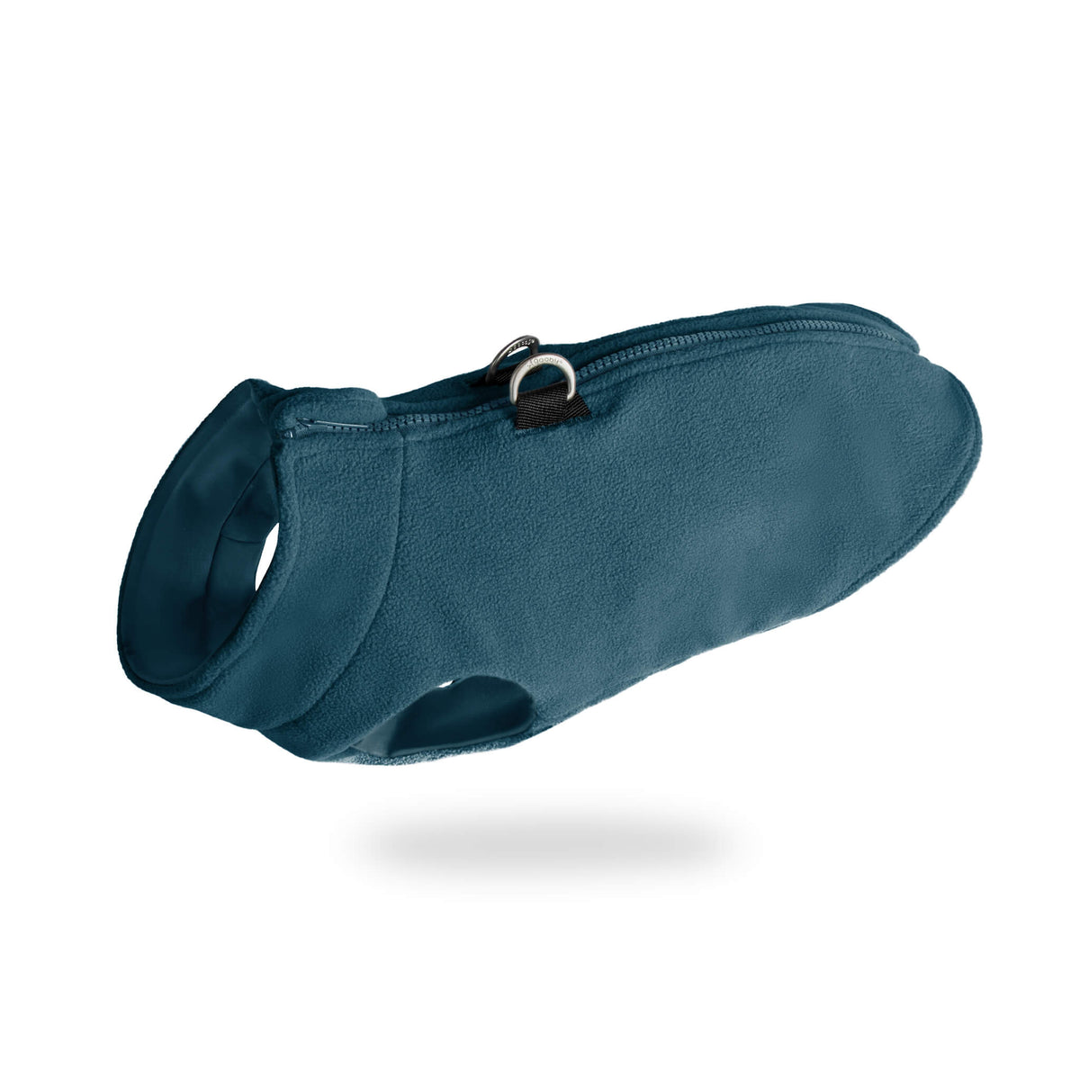 Angled view of a blue zip-up fleece vest for dogs