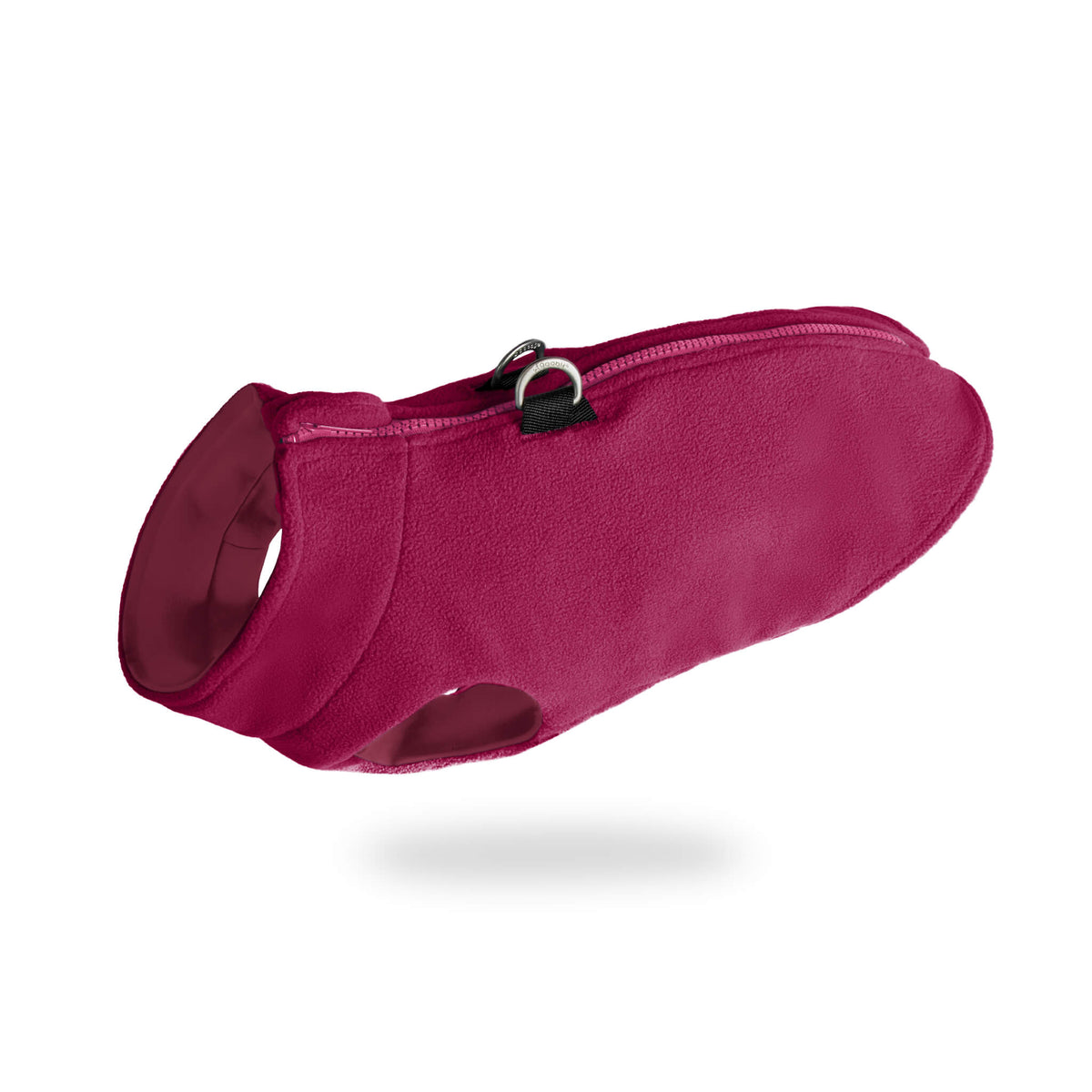 Magenta zip-up fleece vest for dogs, shown from an angled view