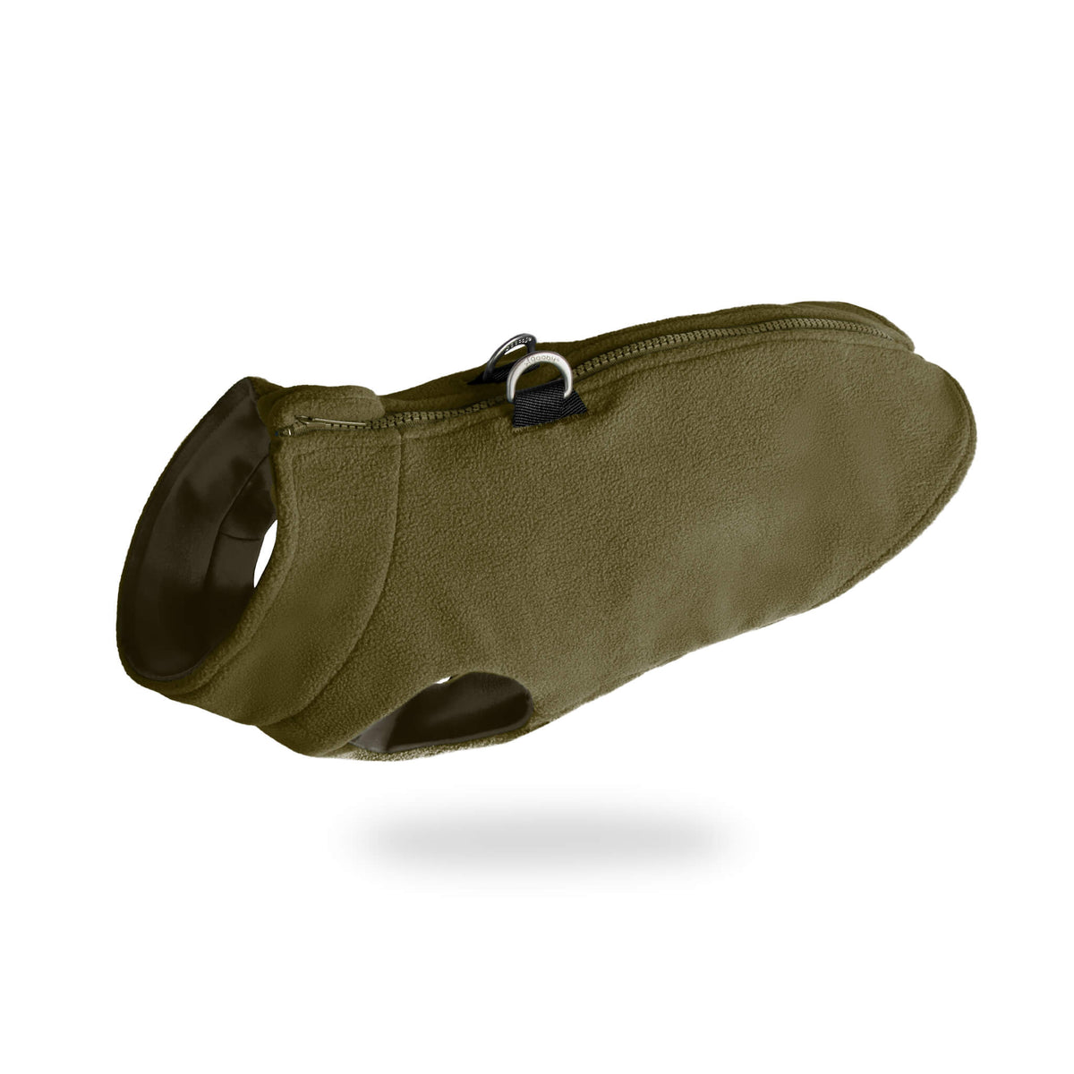 Olive zip-up fleece vest for dogs, shown from an angled side view.