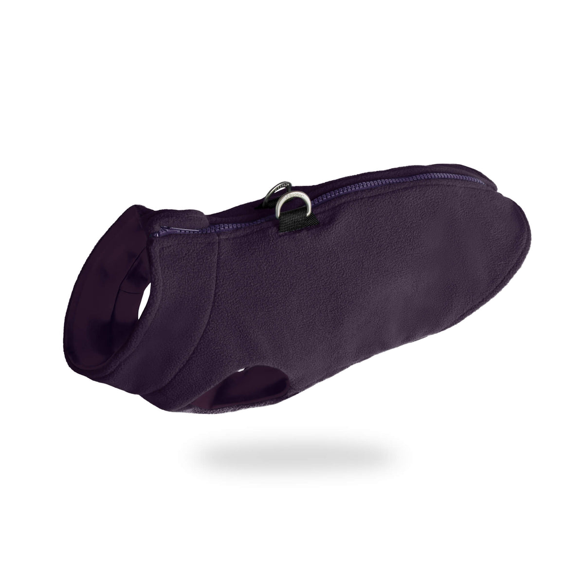 Purple zip-up fleece vest for dogs shown from an angled view