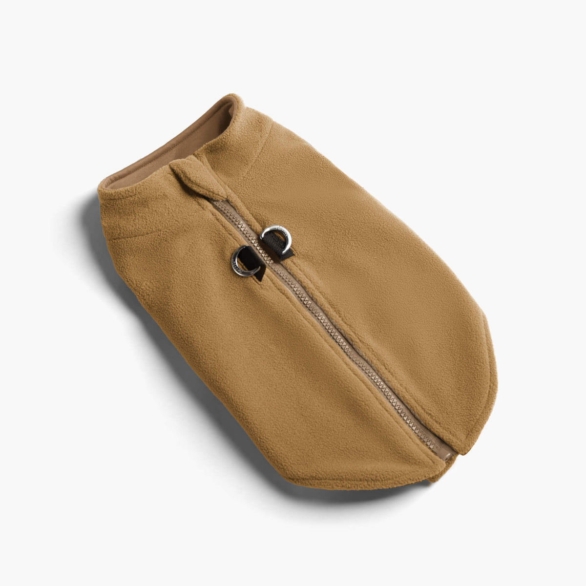 Beige zip-up fleece vest with a front zipper and two metal leash openings