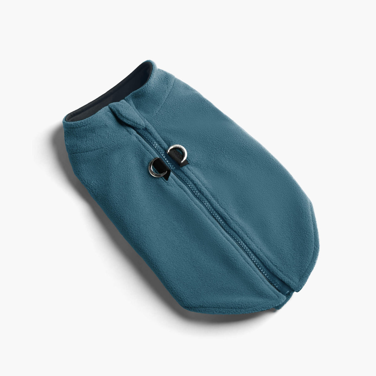 Blue zip-up fleece vest for dogs shown at an angle