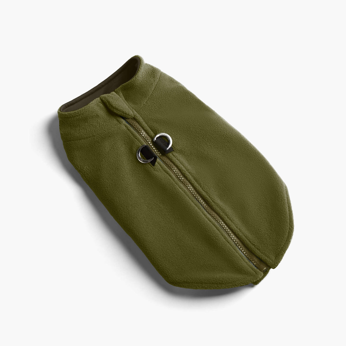 Olive zip-up fleece vest for dogs, shown at an angle on a white background.