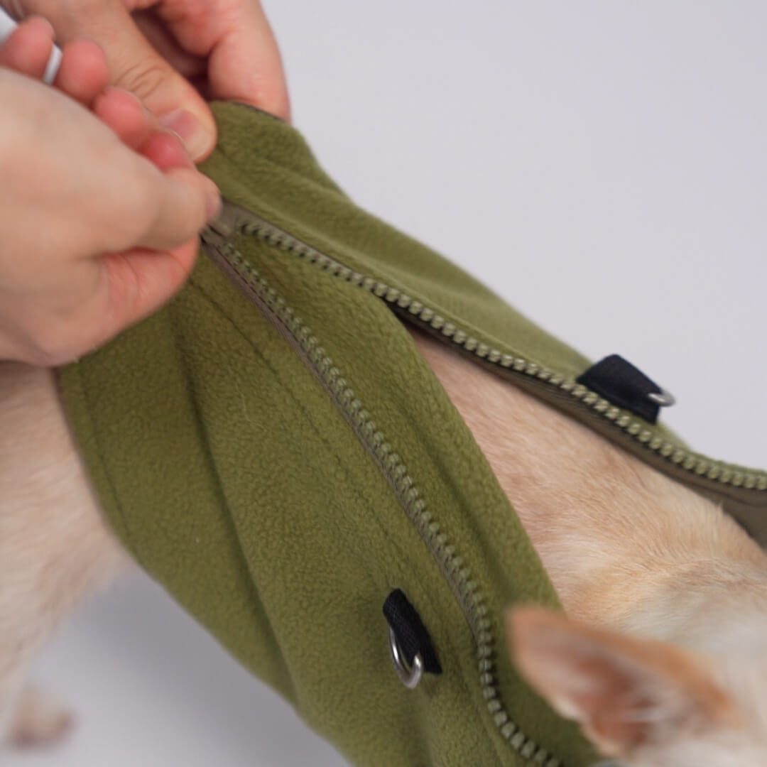 Close-up of a dog wearing an olive green fleece vest as the front zipper is fastened
