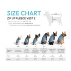 Size chart for Zip Up Fleece Vest 2 showing dog sizes from XXS to XL.