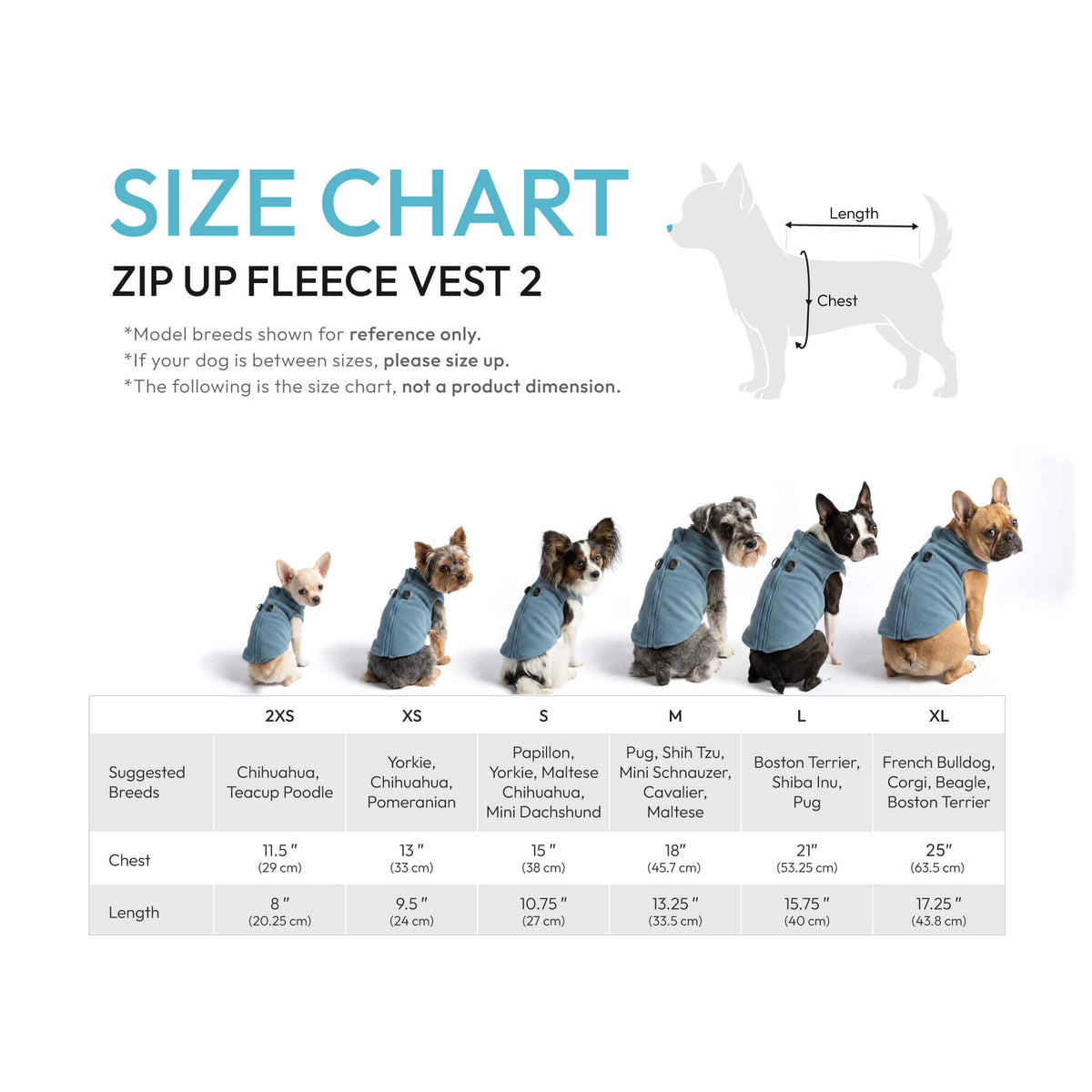 Size chart for Zip Up Fleece Vest 2 showing dog sizes from XXS to XL.