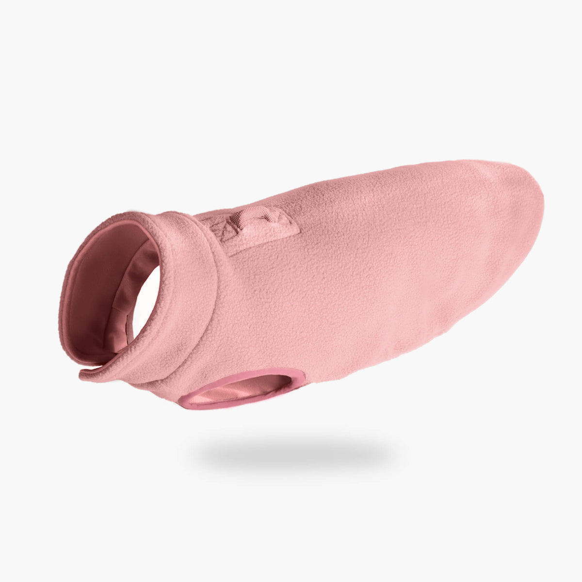 Pink fleece dog vest shown from an angled view
