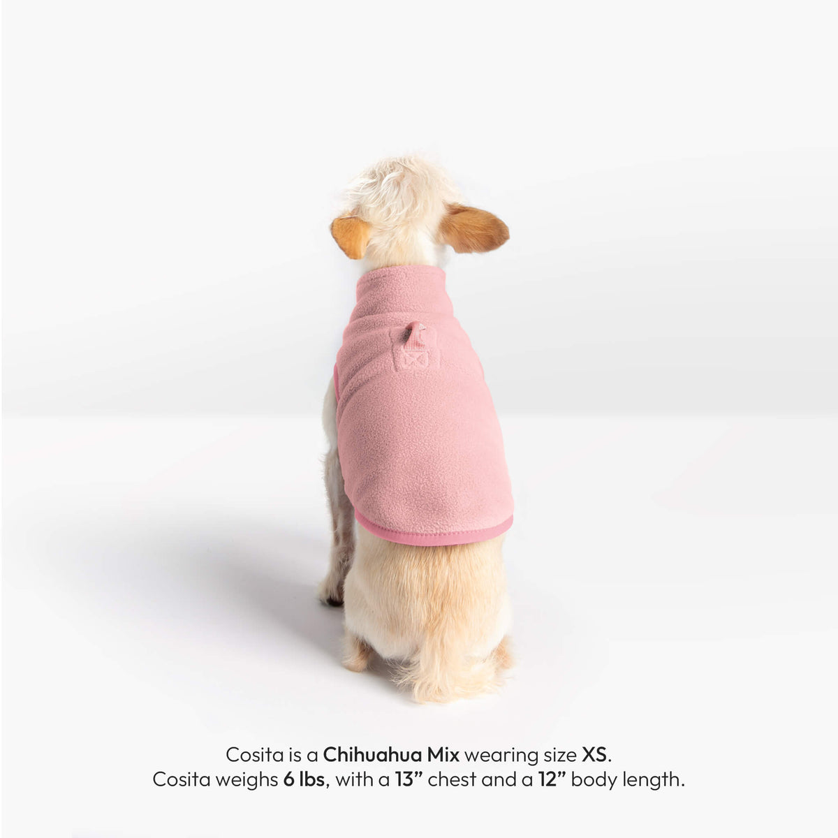 Back view of a pink fleece vest on a Chihuahua mix wearing XS; text lists 6 lb weight, 13-inch chest and 12-inch body.