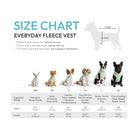 Everyday Fleece Vest size chart showing dog sizes from 2XS to XL with breed, chest, and length measurements.