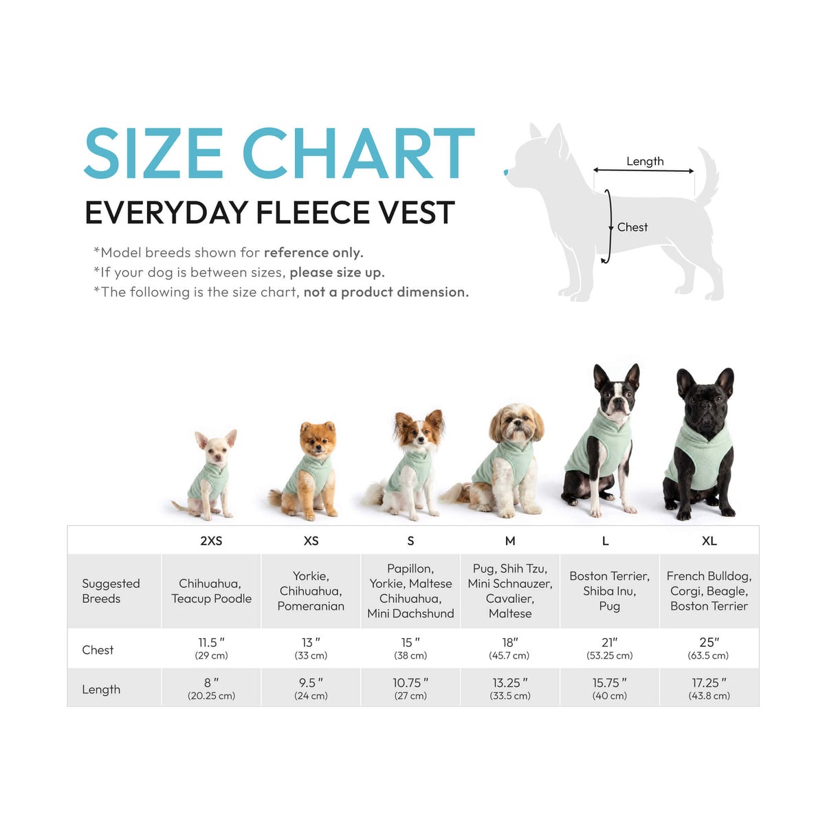 Everyday Fleece Vest size chart showing dog sizes from 2XS to XL with breed, chest, and length measurements.