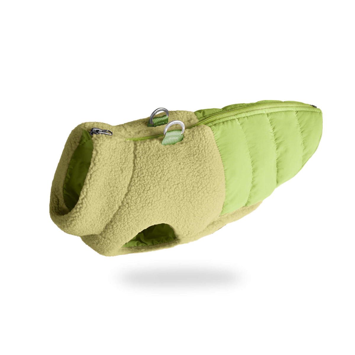 Angled view of an avocado sherpa puffer vest for dogs