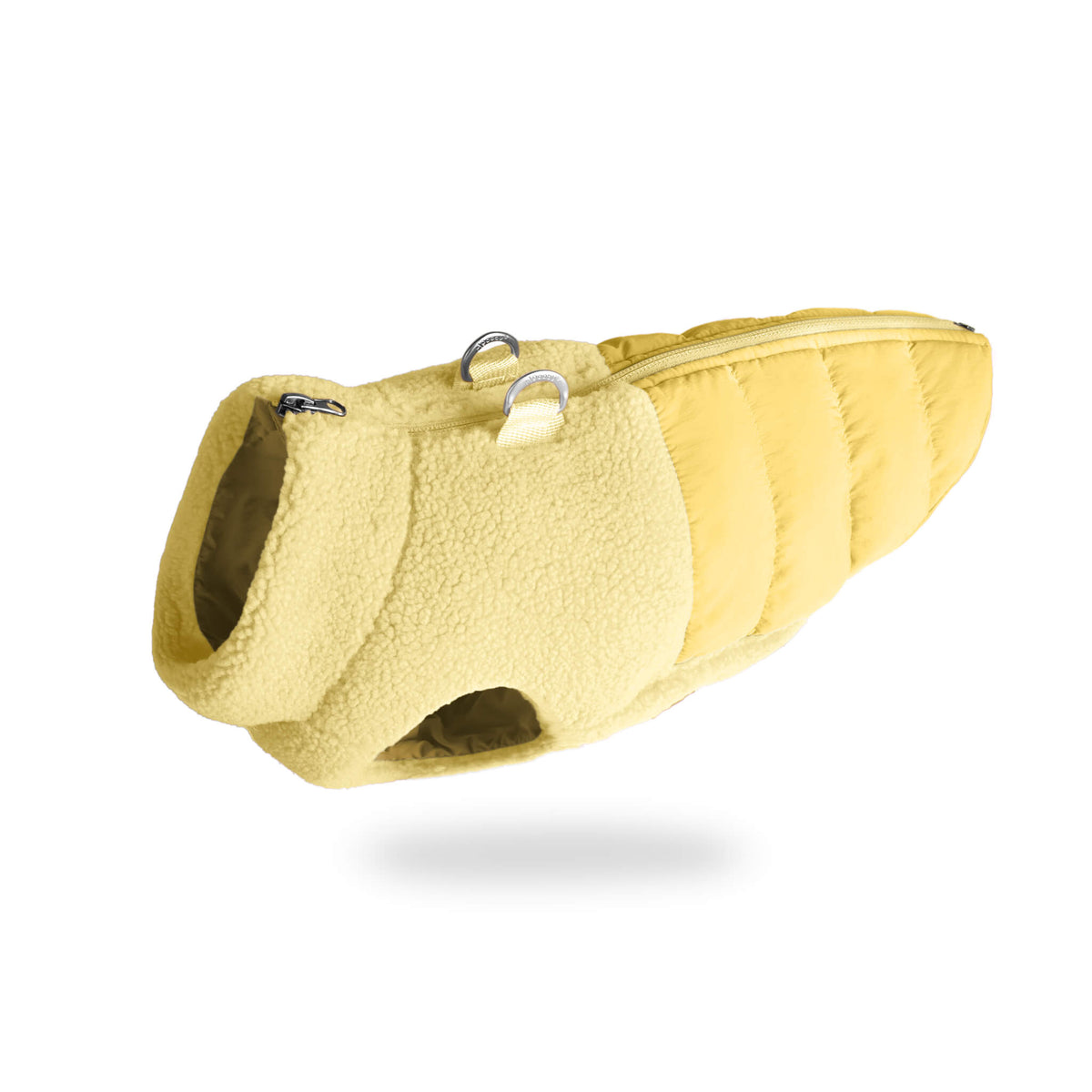 Angled view of the Butter Yellow Sherpa Puffer Vest for dogs