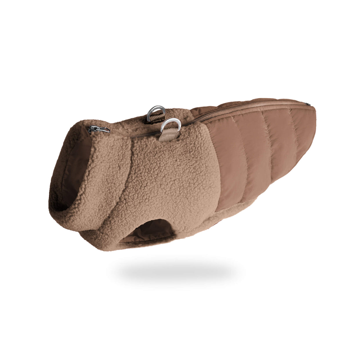 Mocha sherpa puffer vest for dogs, shown from an angled view